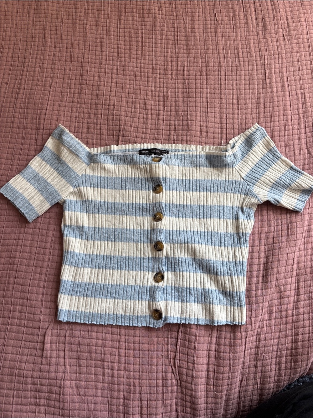 Bershka Blue and White Striped Off-Shoulder Button-Front Top